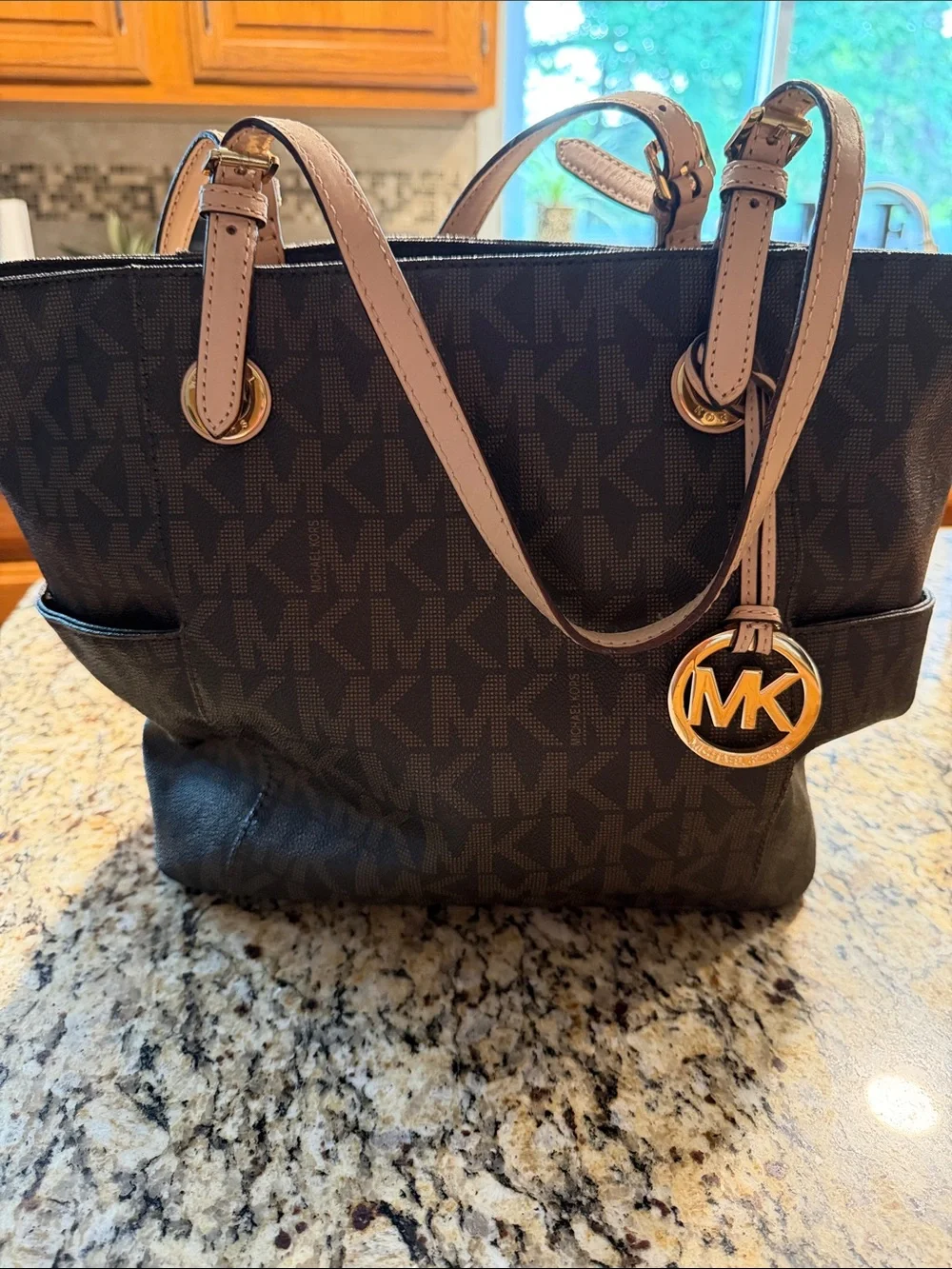 Michael Kors Black Logo Shoulder Tote with Gold MK Charm and Tan Straps